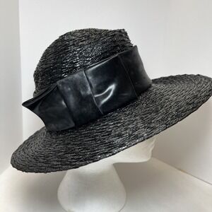 Vintage Leslie James Wide Brim Black Straw Hat‎ Big Bow 60s 70s
